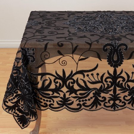 SARO LIFESTYLE SARO  15 x 72 in. Refined Rustic Square Beaded with Embroidery Sheer Tablecloth - Black AN02.BK84S